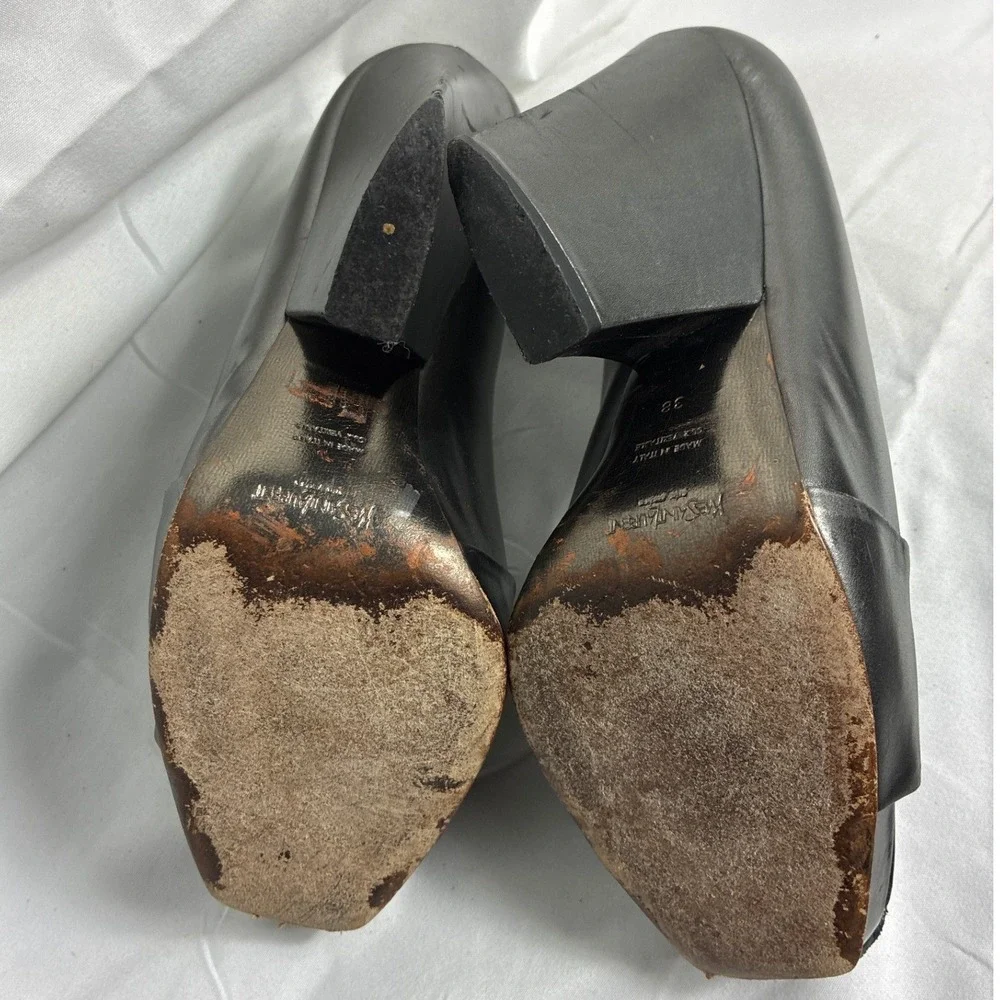 Yves Saint Laurent Metallic Pewter Leather Wedge‎ Peep Toe Pumps Size 38 Italy